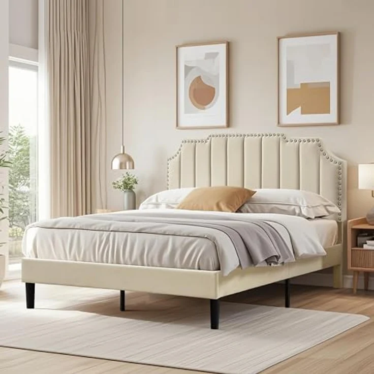 VECELO Doppelbett, gepolstert, 140 x 190 cm, Bettgestell mit Kopfteil, Lattenhalterung aus stabilem Holz, hochwertiger Samtstoff, einfach zu montieren, Beige – Bild 3