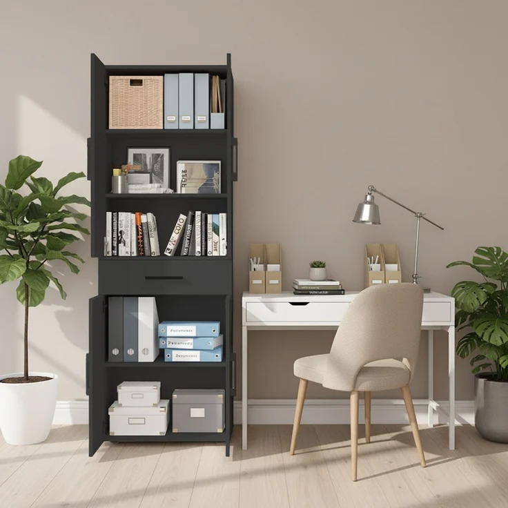 Bellamio 'Apol' Mehrzweckschrank, schwarz, 176x33x60 cm, Aktenschrank mit Schublade und 5 Ablagefächern – Bild 8