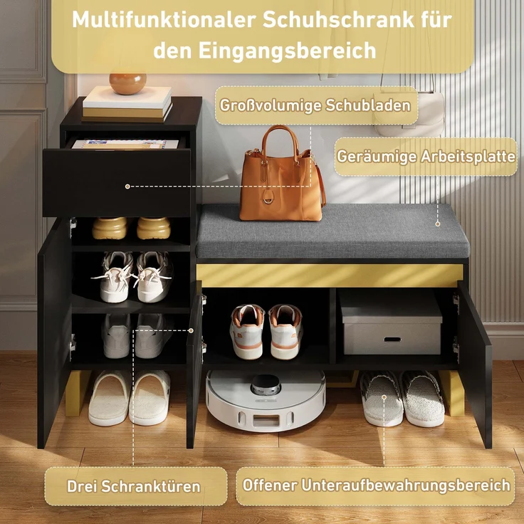 Schuhschrank aus MDF mit Sitzkissen & Schublade, 120x35x85 cm, Schwarz – Bild 7
