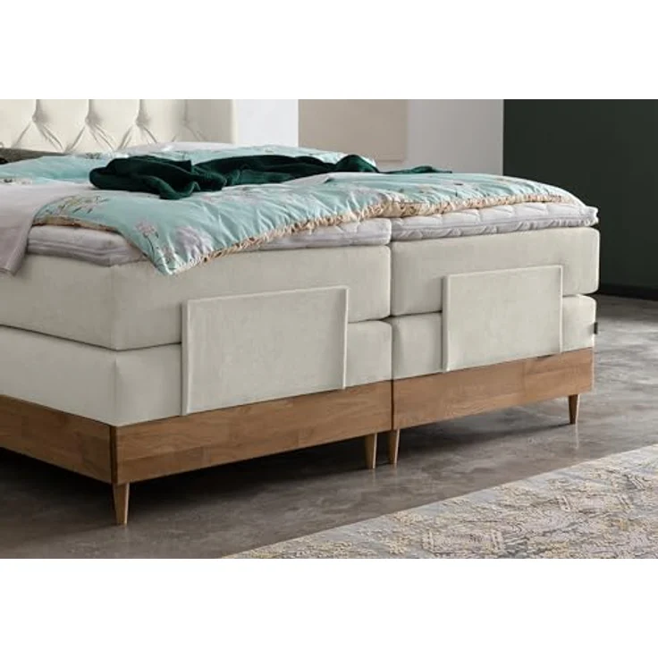 Belanoti Boxspringbett EON (Boxspringbett 160x200 elektrisch verstellbar Bett 160x200 mit Motor, 7-Zonen Taschenfederkern Matratze inklusive Visco Topper), in der Farbe Beige H2/H3 Polsterbett Motorbett mit Eiche – Bild 8