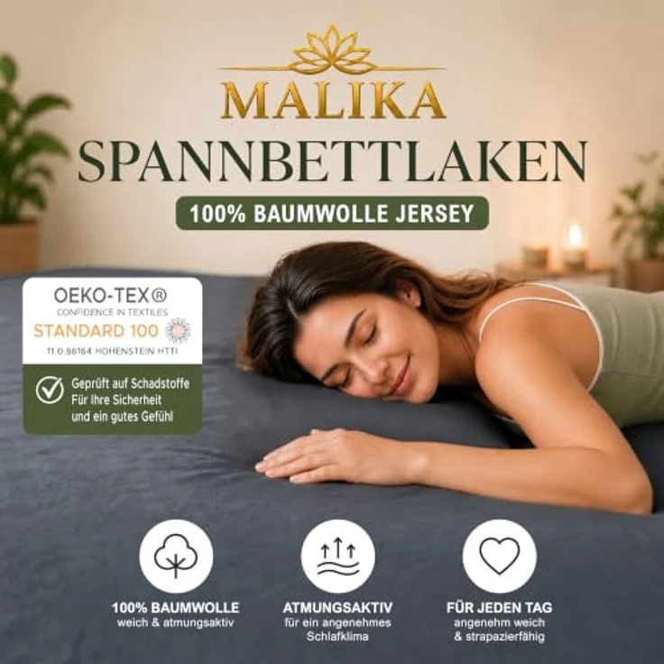 MALIKA® Spannbettlaken 120x200cm Baumwolle Jersey, Oeko-Tex zertifiziert, für Matratzenhöhe bis 28 cm, faltenfreies Liegen – Bild 2