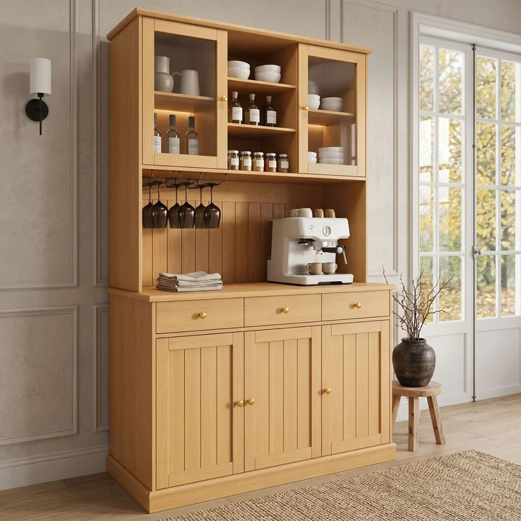 Buffetschränke, Esszimmer-Hochschrank 120×40×191 cm, mit Glastüren, Gläserhalter, mehrstufigem Stauraum, integrierter Steckdose sowie USB-C- und USB-A-Anschlüssen, Naturfarbe – Bild 5