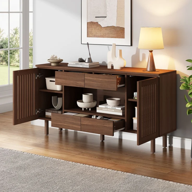 ZUBALIYA Sideboard 140x35x71 cm, mit 4 Schubladen, aus MDF, Walnuss – Bild 2