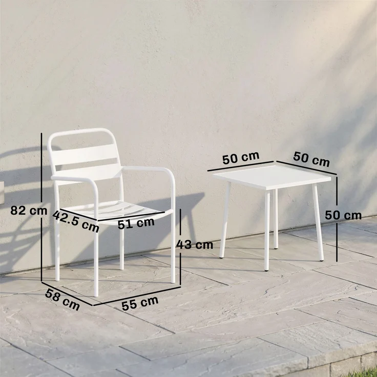 3-teiliges Bistrò-Set: Glastisch und 2 Stühle, weiße Gartenmöbel. – Bild 5
