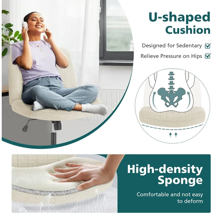 DUMOS Cross Legged Bürostuhl, Armloser Breiter Schreibtischstuhl Keine Räder, Moderner Home Office Schreibtisch Stuhl Swivel Verstellbarer Stoff Eitelkeit Stuhl – Bild 4