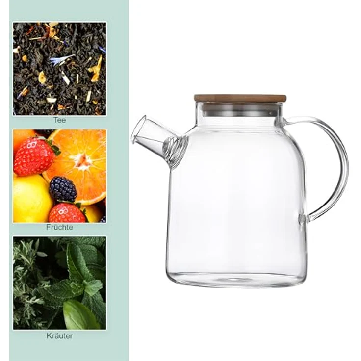 relaxdays Teekanne Glas mit Bambusdeckel, 1,8 Liter, Ausgusssieb für loser Tee und Teeblumen, transparent – Bild 5