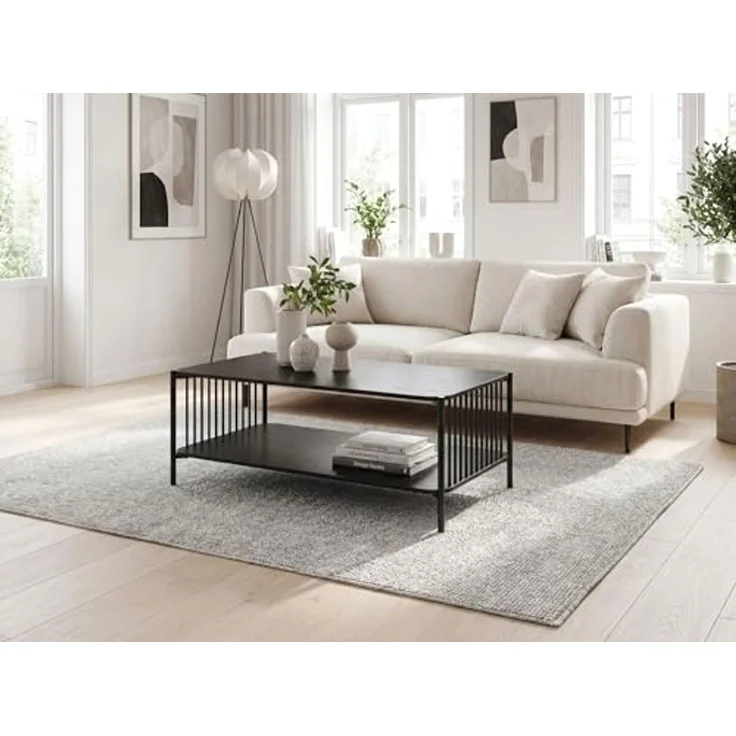 FINEBUY Couchtisch FB117145 Sofatisch 110cm Schwarz Eiche Optik Wohnzimmertisch Ablage (Moderner Wohnzimmertisch im coolen Loft-Design), Großzügige Ablagefläche für Zeitschriften & mehr – Bild 4