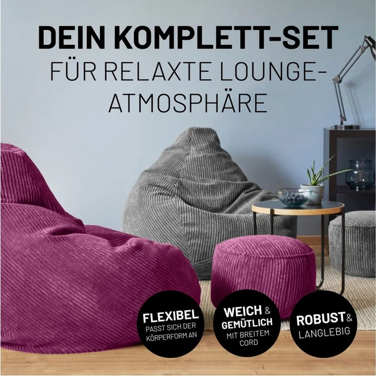 Lumaland Relax Set Cord – Sitzsack Giant + Pouf | Besser als Sofa, Sessel & Co. | XXL Bean Bag + Sitzpouf Hocker mit Füllung (EPS Perlen) für Indoor | Bodensofa für Wohnzimmer, Schlafzimmer & Gaming – Bild 3