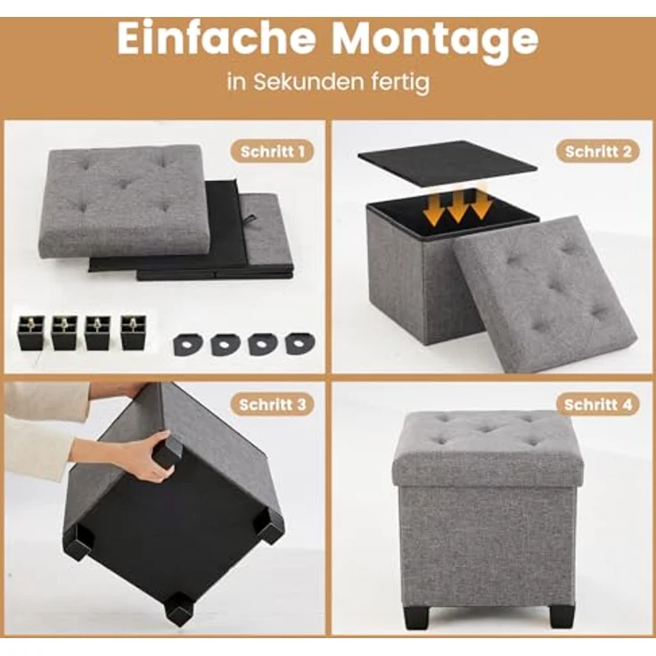 Sweetcrispy Sitzhocker mit Stauraum, 38 x 38 x 38 cm, Kleine Klappbare Sitzbank, Aufbewahrungsbox mit Deckel als Hocker & Fußbank, bis 300 kg belastbar, für Flur Wohnzimmer Schlafzimmer, Dunkelgrau – Bild 7