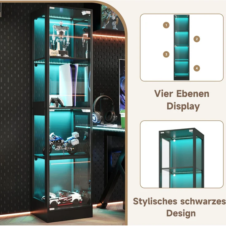 Merax 170 cm Einzeltür LED Vitrine, Gehärtetes Glas Sammlungsvitrine, App-gesteuertes LED-Licht, Vier Etagen Stauraum, Push-to-Open Tür, Schwarz – Bild 5