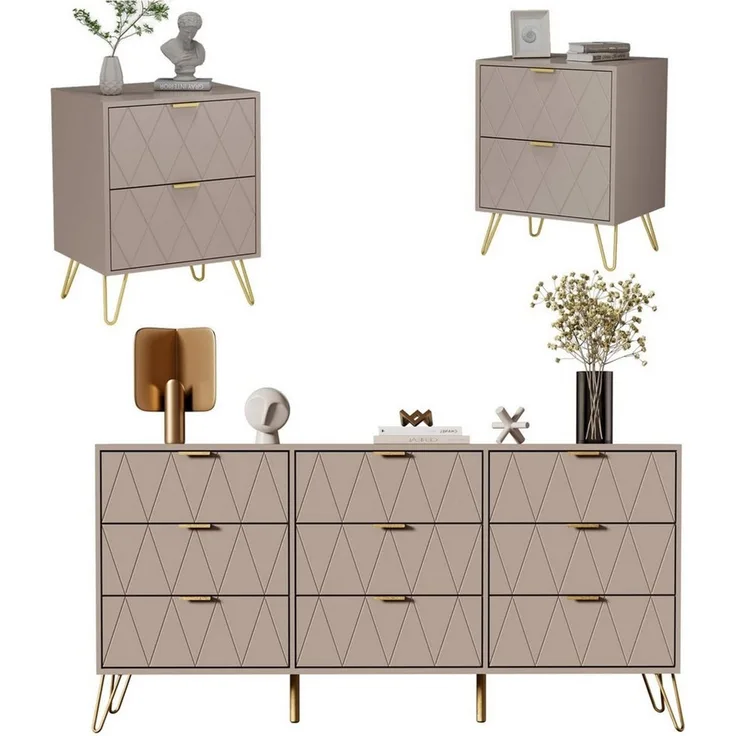 UEV Schlafzimmer-Set 3er-Set Schlafzimmermöbel, Möbelset im skandinavischen Stil, (Modern Linienmuster, Kommode mit 9 Schubladen und 2er-Set Nachttisch), Schrank mit Kippschutz, Goldene Griffe und Füße, Soft-close