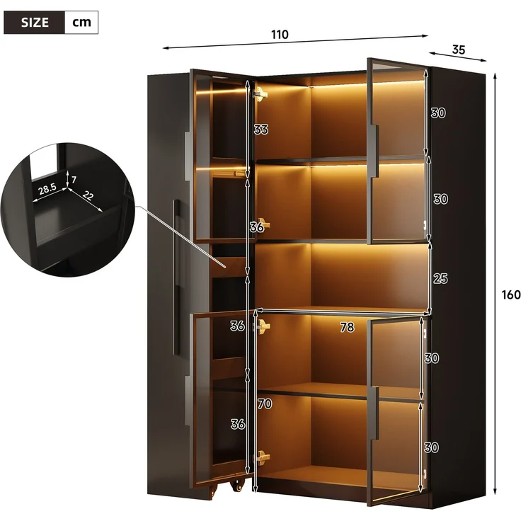 Vitrinenschrank mit Glasfront, LED-Beleuchtung & Ausziehregalen, 110x35x160 cm, Schwarz – Bild 6
