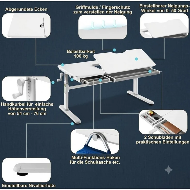HOKO Kinderschreibtisch höhenverstellbar für Kinderzimmer (Tisch-Stuhl-Set, Kinderstuhl mit abnehmbarer Fußstütze, Schmetterlingslehne und Rollen), 120x60 cm Schreibtisch, für Kinder ab 6 Jahren, Weiß-Rosa, ELIN-ANKE – Bild 4