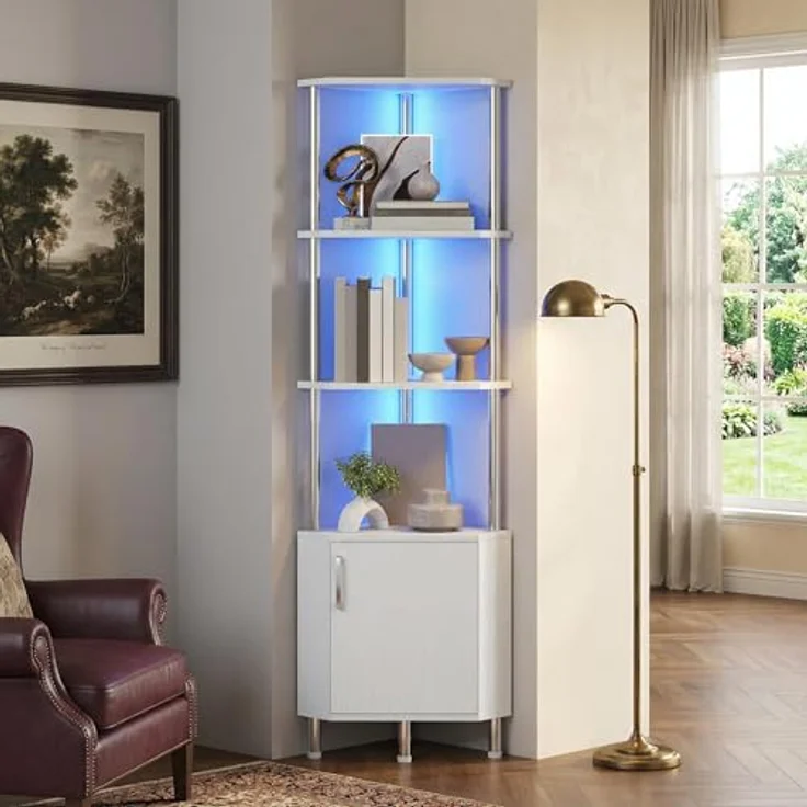 GarveeHome Platzsparendes Eckregal mit LED-Beleuchtung – 5-stufiges industrielles Bücherregal mit Türen – Stabiles Aufbewahrungsregal für Wohnzimmer oder Küche – Vielseitig einsetzbar, 140 cm hoch – – Bild 5