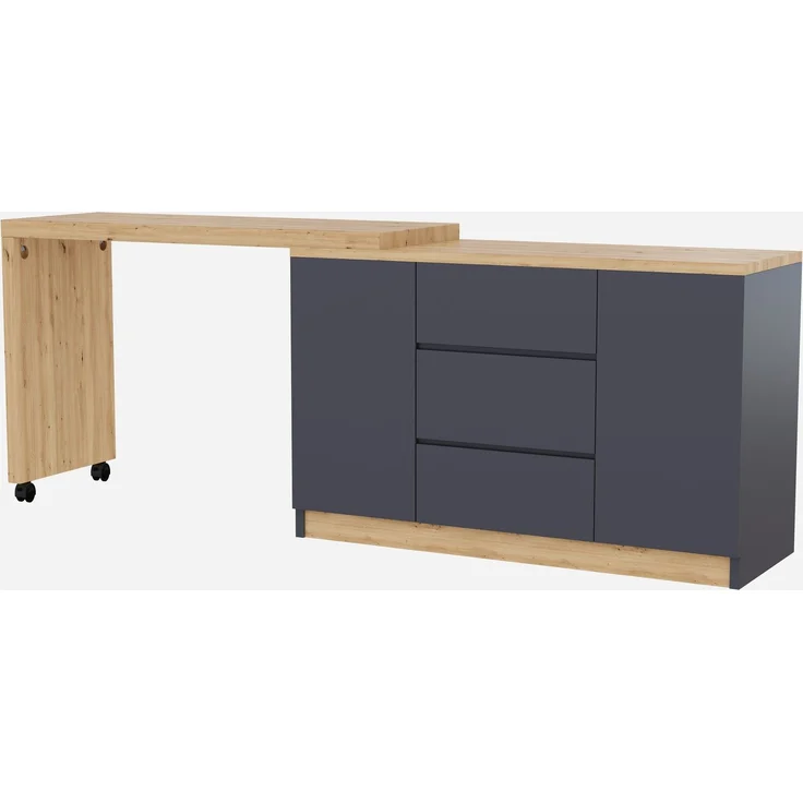 Flieks 360° Schreibtisch mit Sideboard, 120×50×76.5cm, Eckschreibtisch auf Rollen, Computertisch mit 3 Schubladen & 2 Türen, Grau/Eiche – Bild 6