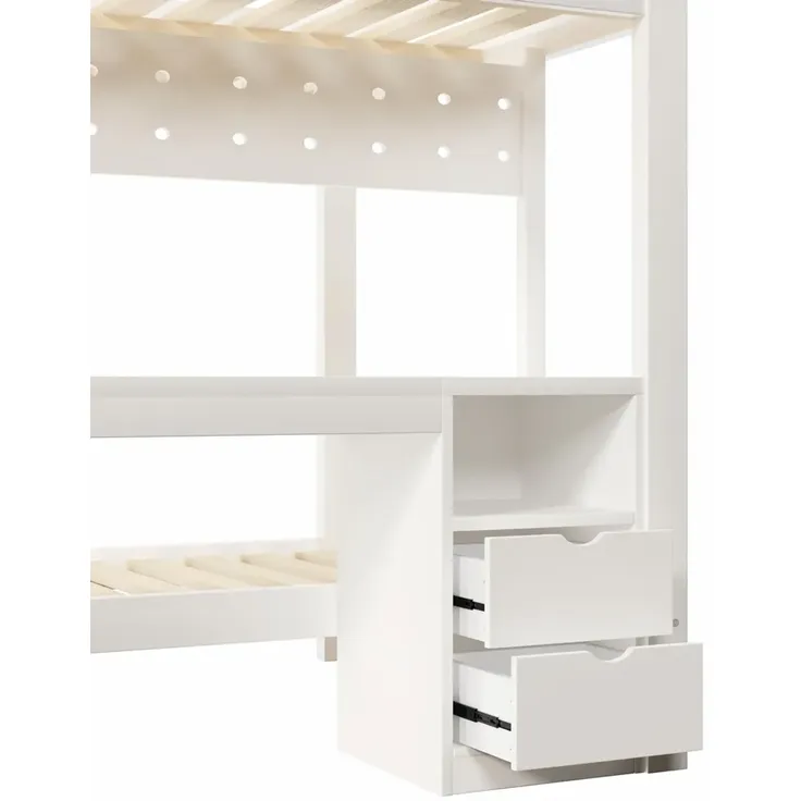 Etagenbett mit Schreibtisch, LED-Beleuchtung, Lattenrost, Wandgitter, Schubladen, Rausfallschutz, Trittleiter und Regal, 140x200 cm/90x200 cm, Kinderbett, Kiefer – Bild 10