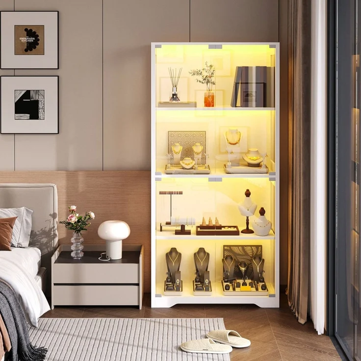 Glasvitrine 80x35x165 cm, 4-stöckige Vitrine mit LED-Beleuchtung, Bewegungssensor und Pop-up-Glastüren, Weiß – Bild 1