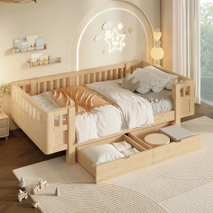 Merax Hochbett 90x200 Kinderbett, mit hohem Schutzgitter & zwei großen Schubladen, Holzfarbe – Bild 1