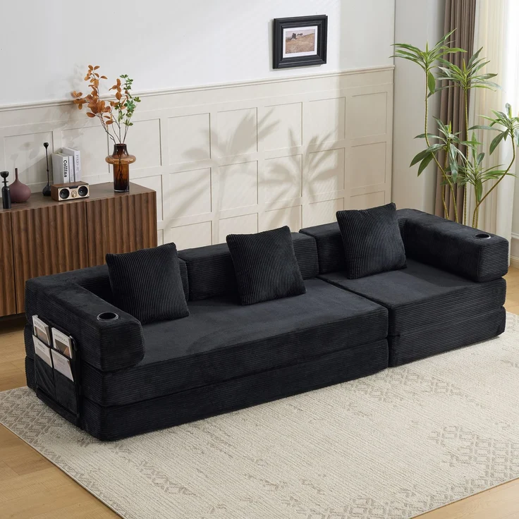Klappbares Bodenschlafsofa mit Getränkehaltern und Seitentaschen, faltbare Cord-Futoncouch ohne Montage für Wohn- und Gästezimmer, Schwarz – Bild 1