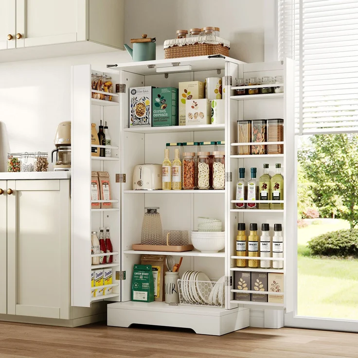 EINHOM 128, 5 cm großer Küchenschrank, Bauernhaus-Aufbewahrungsschrank – LED-Speiseschrank mit 2 Flügeltüren und verstellbaren Regalen für kleine Räume im Esszimmer oder Wohnzimmer, Weiße Tiefdruckstruktur – Bild 5