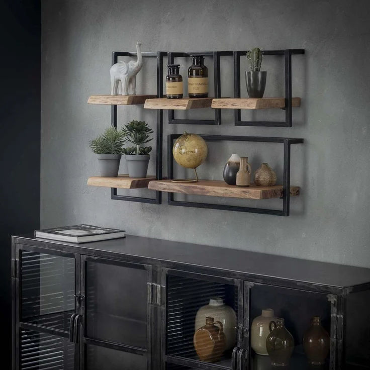 Wandregal aus Akazienholz massiv, Industrial Design mit Metallrahmen, natur, 30 cm – Bild 8