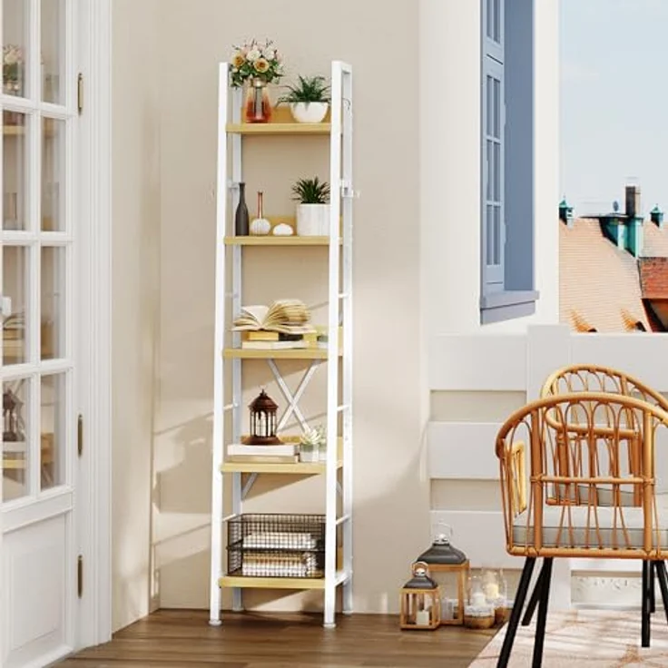 YITAHOME Schmal Bücherregal mit 5 Ebenen 35 cm Breit, Industrielles Leiterregal Standregal Holzregale und Metallrahmen, Modernes Regal für Wohnzimmer, Weiß und Eiche – Bild 6