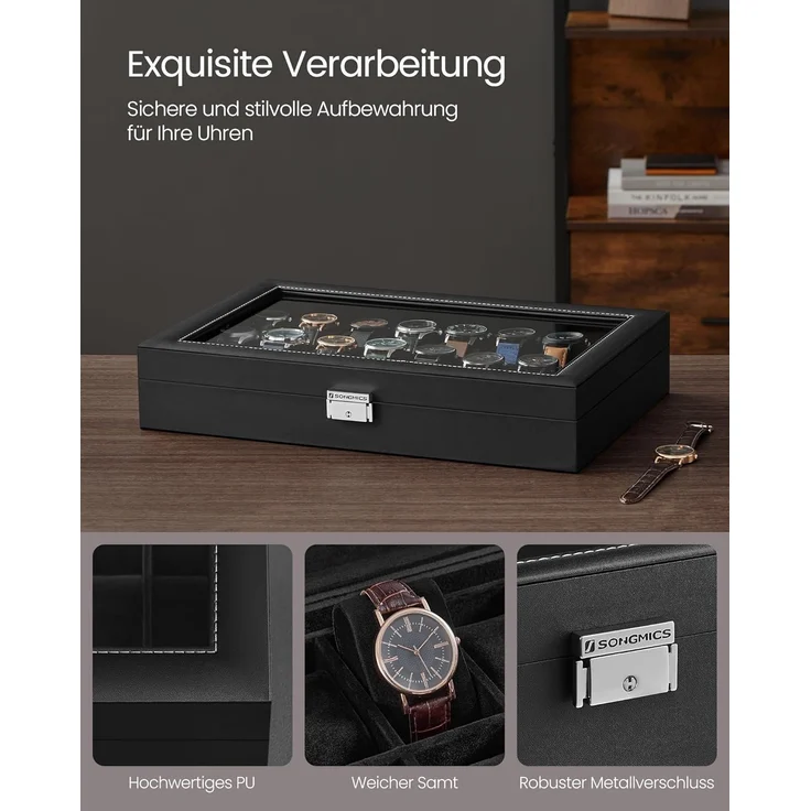 SONGMICS Uhrenbox, abschließbarer Uhrenkasten, Uhrenkoffer, Organizer für Uhren, mit 24 Fächern, Glasdeckel, Geschenk für die Liebsten, PU-Bezug in Tintenschwarz, Samtfutter in Tintenschwarz JWBDE024B02 – Bild 4