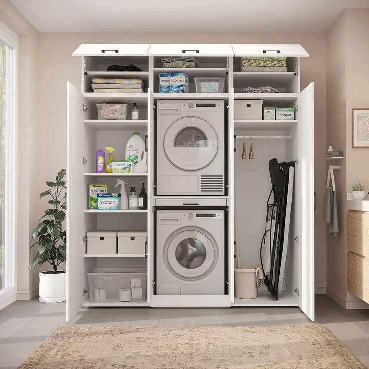 Roomart Waschmaschinenschrank - DORA-I- 190 cm breit - Wasch- & Trocknerschrank mit 2 Hochschränken, Türen & Ausziehbrett, Waschmaschinen-Überbau für Waschküche & Hauswirtschaftsraum • Weiß – Bild 4