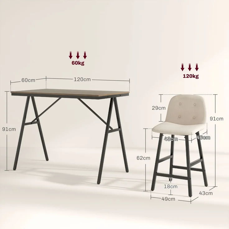 MELAYR, Bargarnitur 5-teilig, Tisch und 4 Stühle, Knopfheftung, dicke Polsterung, Leinenoptik, Beige, 120 x 60 x 91 cm – Bild 5