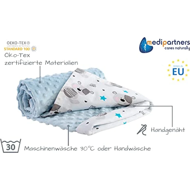 Medi Partners Babydecke Baby Decke Neugeborenen - Kuscheldecke Geschenk Babydecken 75x100cm für Kleinkinder Mädchen Krabbeldecke Kinderbett Kinderwagen 100% Baumwolle (Teddybär mit hellbaluen Minky) – Bild 3