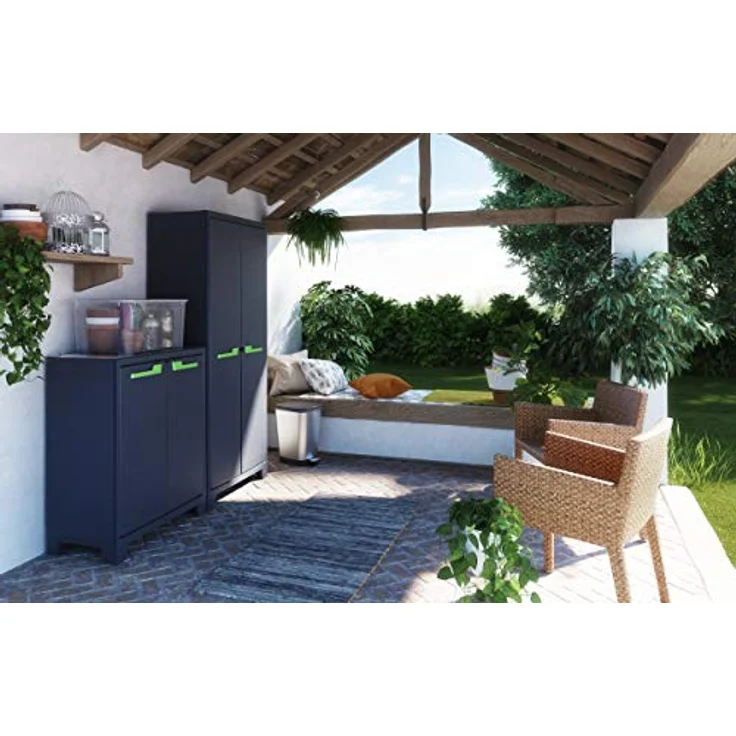 Keter Moby Kunststoffschrank, niedrig anthrazit/grün/grau, 80 x 44 x 100 cm, inklusiv 2 höhenverstellbaren Böden mit je 30kg Tragkraft, für drinnen und draußen geeignet UV- und wasserbeständig (IPX3) – Bild 3