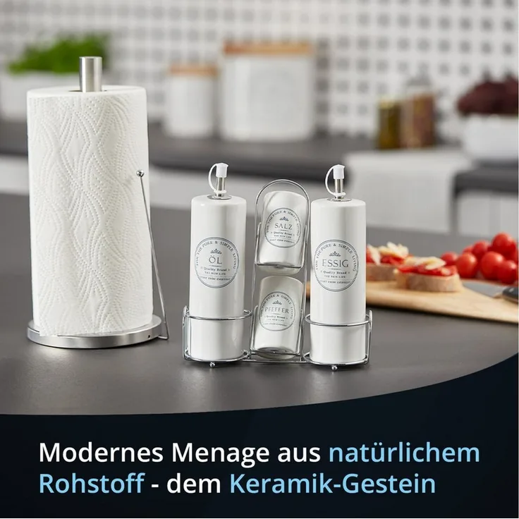 KHG Vorratsdose Menage Set 5-teilig aus Holz & Steinzeug für Essig Öl Salz Pfeffer, Steingut, Gewürz- und Öl/Essig-Set zur stilvollen Tisch- und Küchenpräsentation