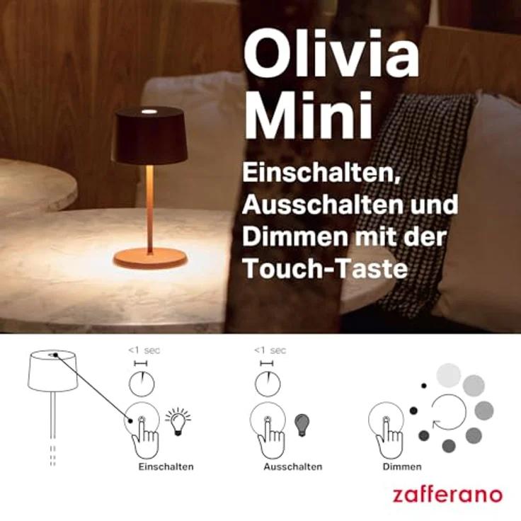 Zafferano, Olivia Mini Lampe, Tragbare und Wiederaufladbare Tischlampe mit Touch Control, Geeignet für Wohnzimmer und Außenbereich, Dimmer, 2200-3000 K, Höhe 22 cm, Farbe Dunkelgrau – Bild 6