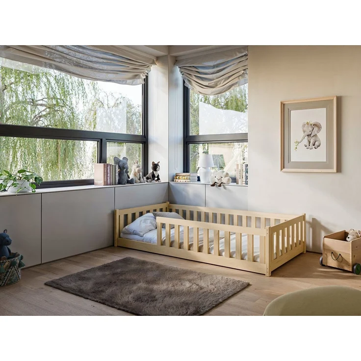 Kids Collective Kinderbett Bodenbett Bett mit Rausfallschutz & Lattenrost Montessori Bett Kinder (Jungen, Mädchen, Kinder, weitere Größen 80x160, 90x190, 90x200, 120x200, 140x200 cm), Jugendbett Gitterbett Einzelbett, Natur Kiefer 80x180 cm – Bild 4