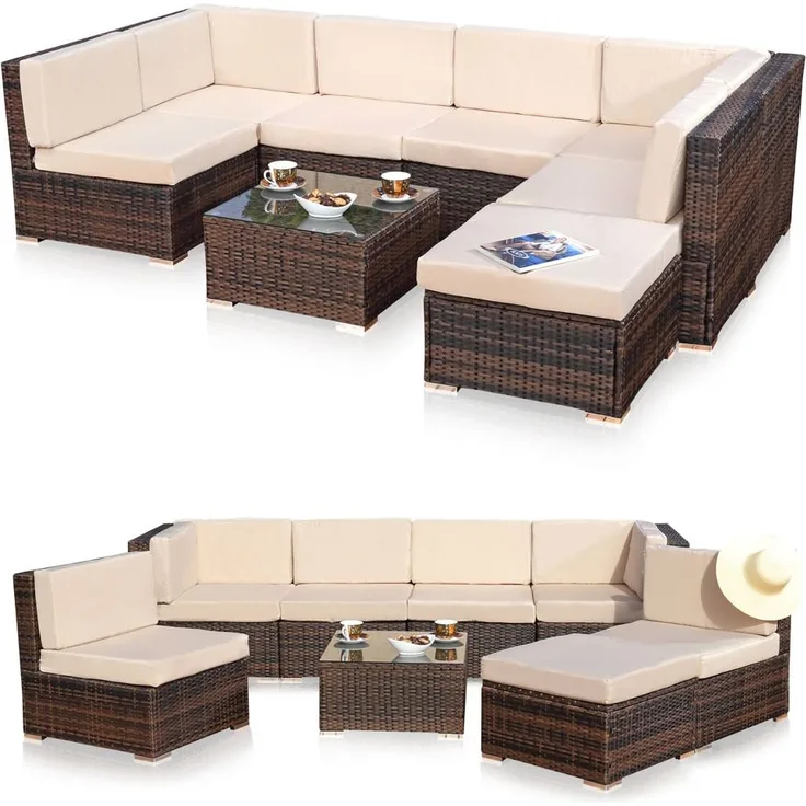 Gartensitzgruppe Terrassenmöbel Polyrattan Lounge Garnitur Essgruppe braun