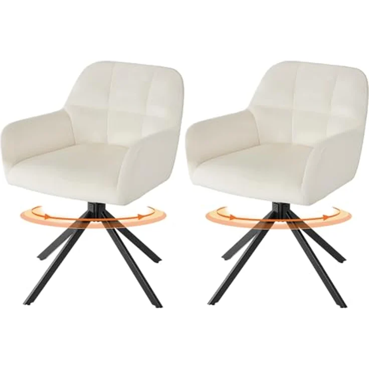 Sweetcrispy Esszimmerstuhl 2er Set, 360° Drehstuhl Esszimmer, Küchenstuhl, Samt Schminktisch Stuhl, bis 120 kg belastbar, Sessel mit Armlehnen Stahlbeine, Schreibtischstuhl für Arbeitszimmer, Beige – Bild 2