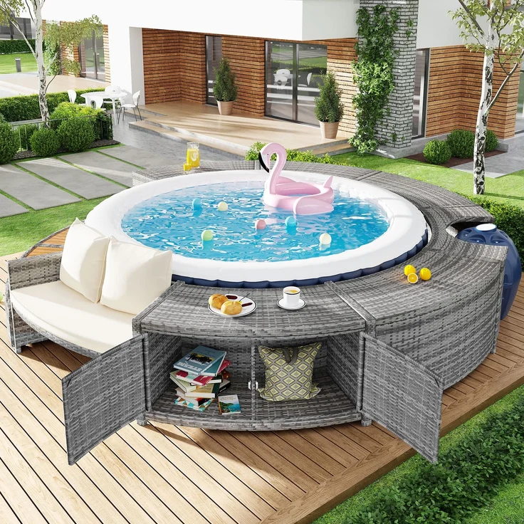 Merax Garten-Lounge-Set mit runder Couch, Gartenmöbel-Set, Poolumrandung, Lounge-Set, für Whirlpool und Pool, mit verstellbaren Füßen, inklusive Kissen, Möbel für Terrasse, Garten oder Poolbereich – Bild 2