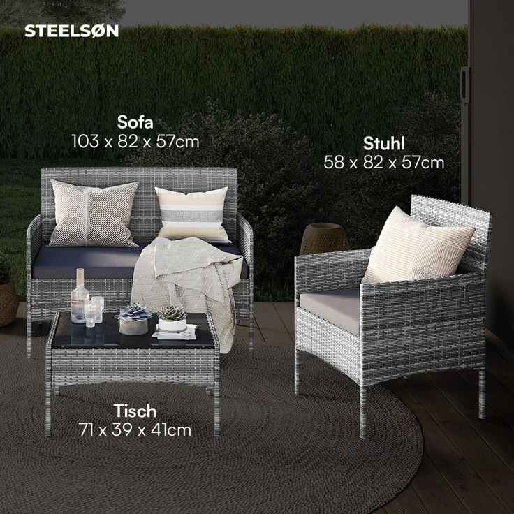 STEELSØN 'Thalora' Gartenlounge2 Set, 4-tlg. Sitzgruppe mit Sofa, 2 Stühlen und Tisch, inkl. Kissen, grau-meliert/anthrazit, aus Polyrattan – Bild 5