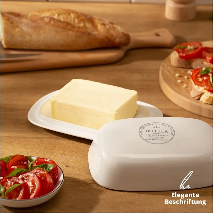 KHG Butterdose Keramik Steingut Weiß mit Beschriftung für 250g Butter, Aufbewahrung Butterbehälter, Deckel opak, Butterbox rechteckig & glasiert mit Emaille, spülmaschinengeeignet