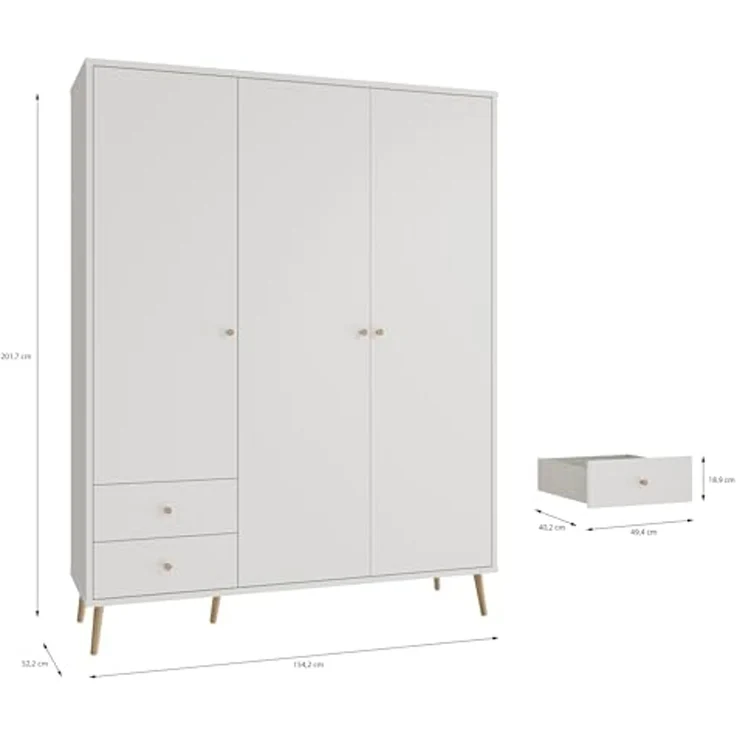 Forte HARLLSON Kleiderschrank 150 160, Mid-Century-Modern Stil, leichte Montage Dank EasyKlix by Forte, 3-türig, 2 Schubladen, Holzwerkstoff, Weiß, 154,2 cm breit x 201,7 cm hoch x 52,2 cm tief – Bild 3