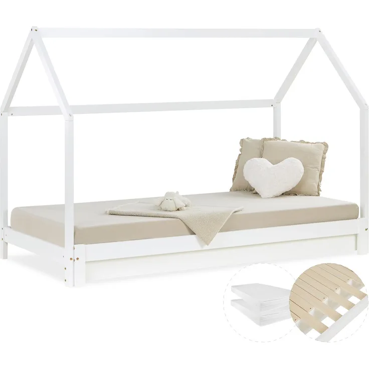 Kinderbett mit 2 Matratzen ausziehbar Hausbett 90x200 Gästebett Ausziehbett Funktionsbett Holz Weiß Kinderdoppelbett Bett Bettenhaus Spielbett