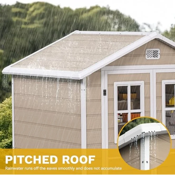 DWVO Gerätehaus Kunststoff 203 x 147 x 207 cm, Gartenschuppen mit Doppelwand & Fenstern, Wetterfester Aufbewahrungsschuppen für Rasenmäher, Gartengeräte & Fahrrad, Abschließbar, Beige – Bild 5