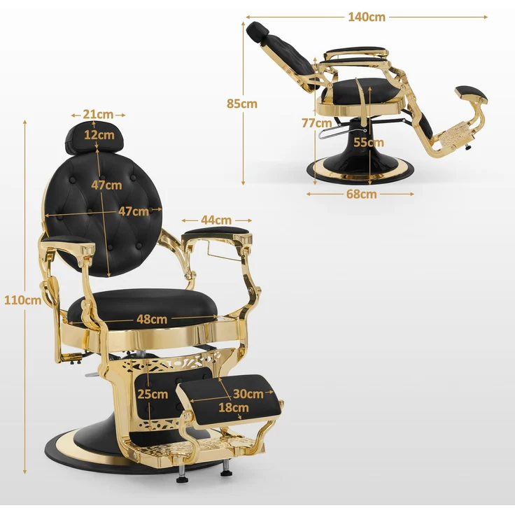 BarberPub Friseurstuhl mit Kopfstütze Kippbar, Friseureinrichtung mit Hydraulikpumpe 360° Drehbar, Höhenverstellbarer Bedienungsstuhl mit Vintage Stil, Kunstleder, 2933GD-F (Gold-Schwarz) – Bild 2