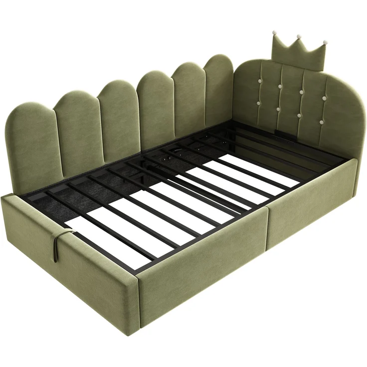 Merax Einzelbett 90x190 cm, Kinderbett, Polsterbett, Daybett, Tagesbett-Schlafsofa mit Stauraum (hydraulisch), Gästebett L-Form Samt, Grün – Bild 9