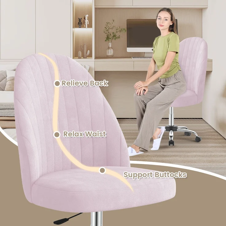 Botifly Bürostuhl ohne Armlehnen, Samt, Rosa, 8 cm Polsterung, 360° Drehbar – Bild 8