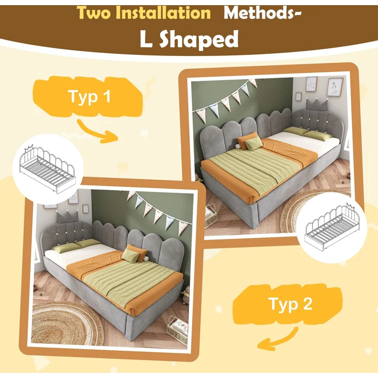 Merax Einzelbett 90x200 cm, Kinderbett, Polsterbett mit 90x190 cm Ausziehbett, Niedliches Kronen- und Gitterdesign, Samt, Grau – Bild 5