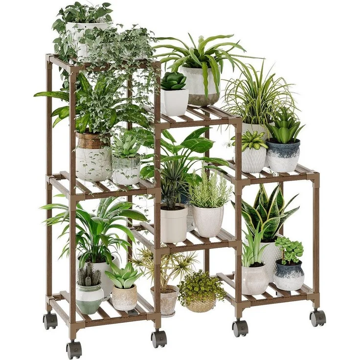 Bamworld Blumenständer Pflanzenständer Pflanzenregal für Innen und Außen mit 7 Ebenen (1 St, mit Rädern), für Terrasse, Balkon, Garten – Geschenke für Gartenliebhaber – Bild 5