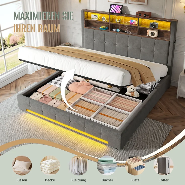 TavilaEcon Polsterbett mit Bettkasten und USB-C-Anschluss grau Liegefläche 180 × 200 cm – Bild 6