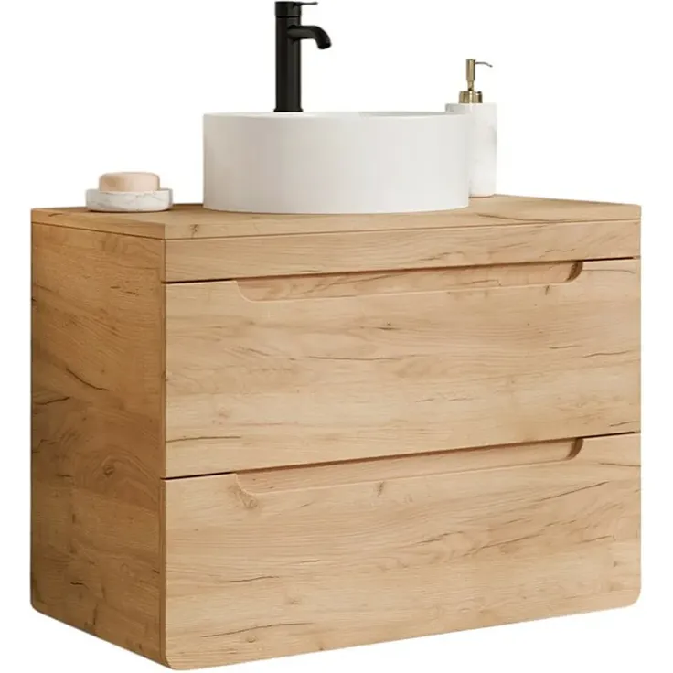 Vente-unique - Waschbeckenunterschrank hängend mit rundem Aufsatzwaschbecken - Holzfarben - 80 cm - ARUBA