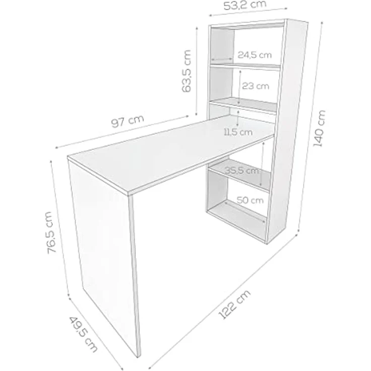 DUÉRMETE ONLINE Cambria, Schreibtisch mit Regal, Computertische, Farbe, praktisch und funktional, Holz, 122 x 53,2 x 140 cm – Bild 3